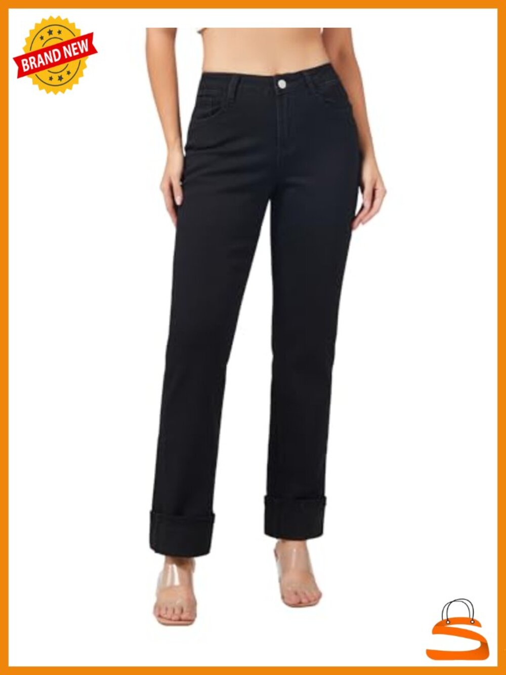 Women's Straight Leg High Waisted Jeans Stretchy Denim Cuffed Pockets Everyday
